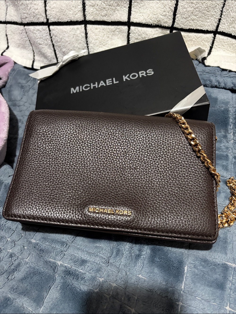 Michael Kors Dark Brown Pebbled Leather Chain Shoulder Bag